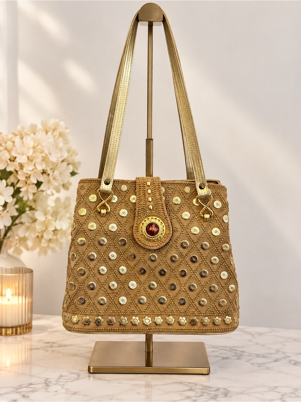 1960’s Vintage Velvet Gold Metallic Beads Shoulder Bag